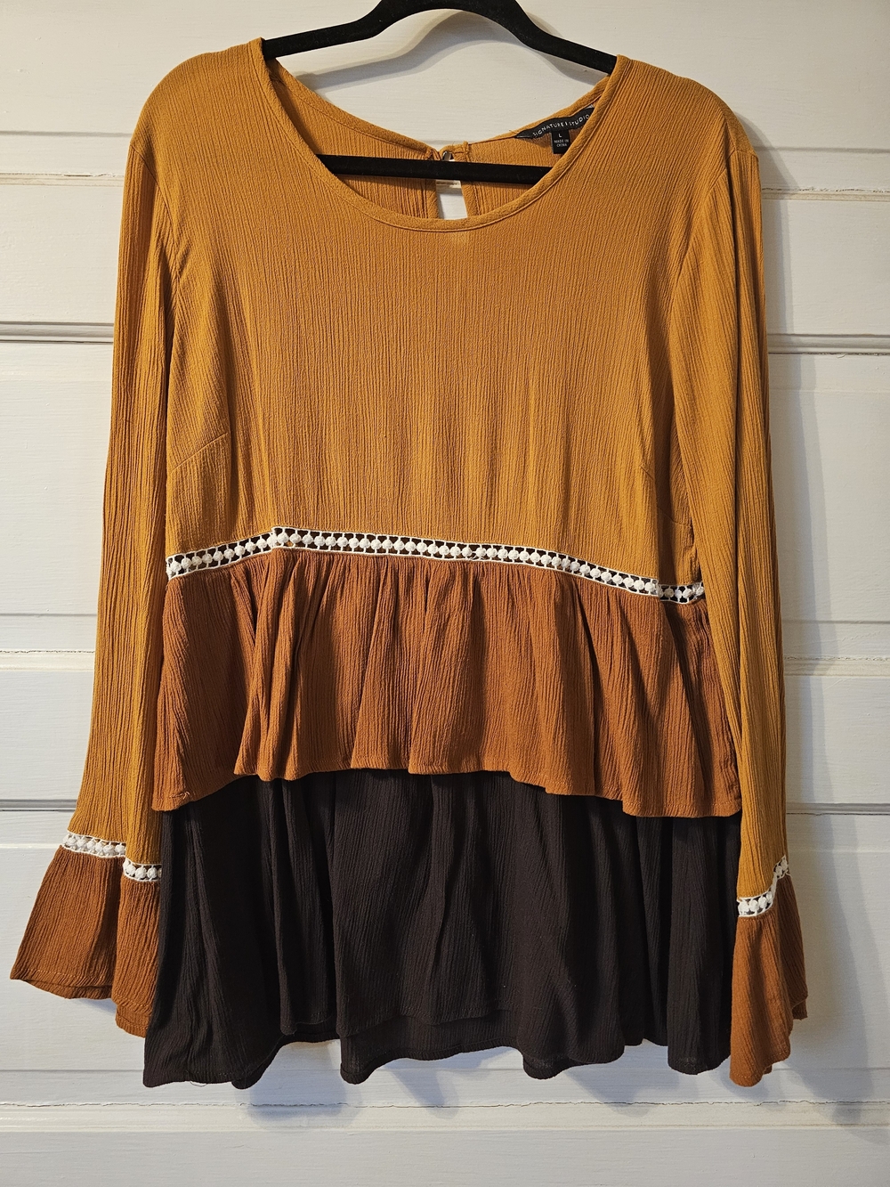 Signature Studio Mustard, Rust & Black Layered Peplum Long-Sleeve Top Large